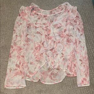Chic Floral Lace-Up Blouse - Pink and White